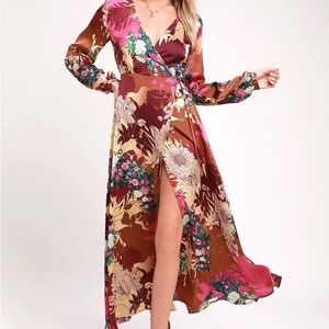 Lulu's- Put on a Smile Burgundy Floral Print Satin Wrap Maxi Dress